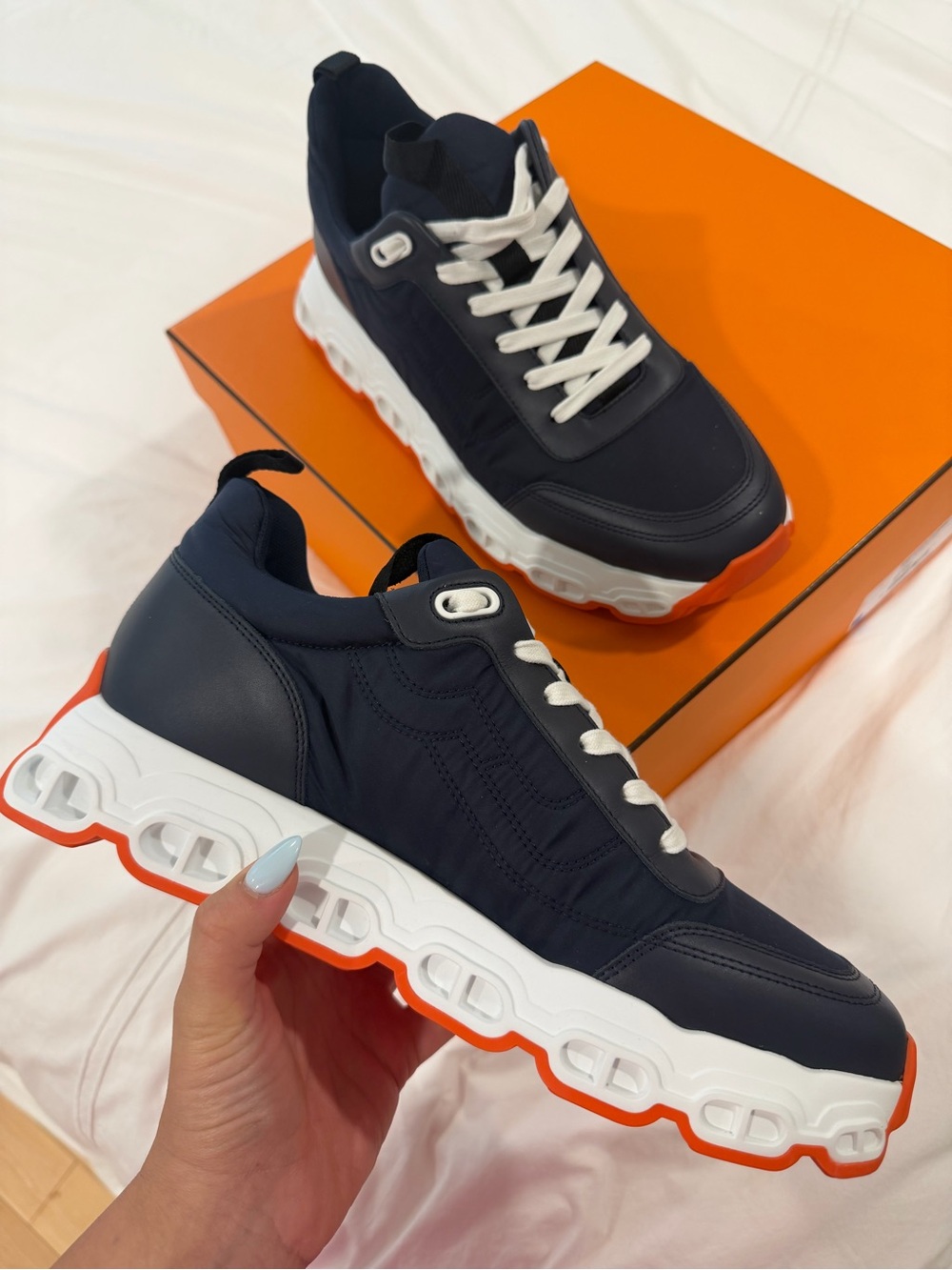 Hermes Men’s Navy Lace-Up Sneakers with White & Orange Sole Classic Logo